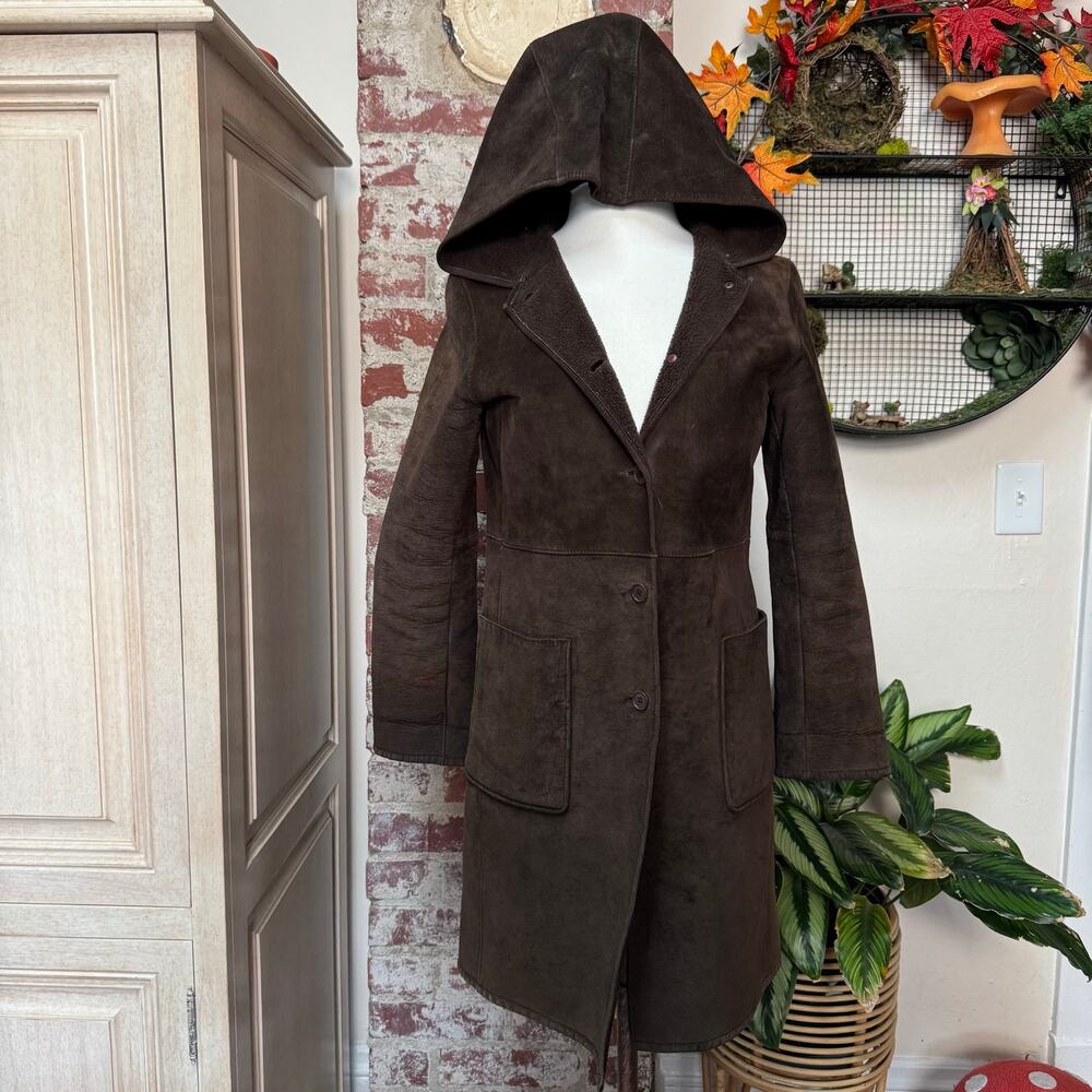 Vintage Y2K Leather suede Hooded Coat Small
